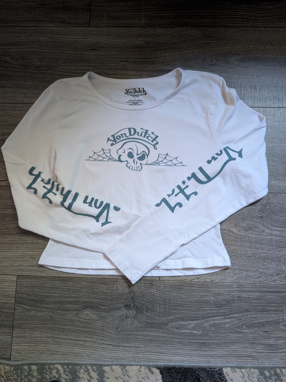 Von Dutch White Long-Sleeve Tee with Teal Graphic